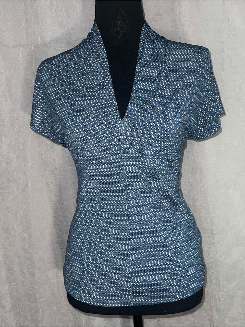 Blue Patterned Short Sleeve V-Neck Top